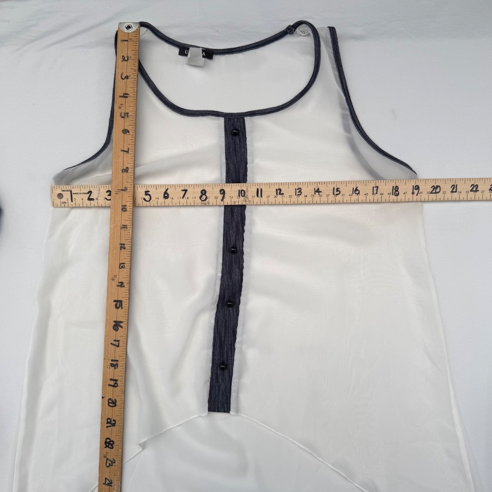 UK2LA Sleeveless High-Low Top Y2K Style Sheer White Navy Trim Boho Festival L - Picture 10 of 12